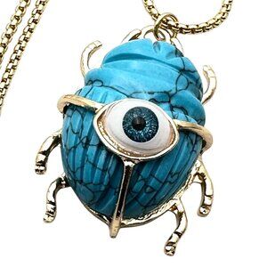 Evil Eye Necklace Blue Turquoise Gemstone Scarab Beetle Pendant Gold Plated